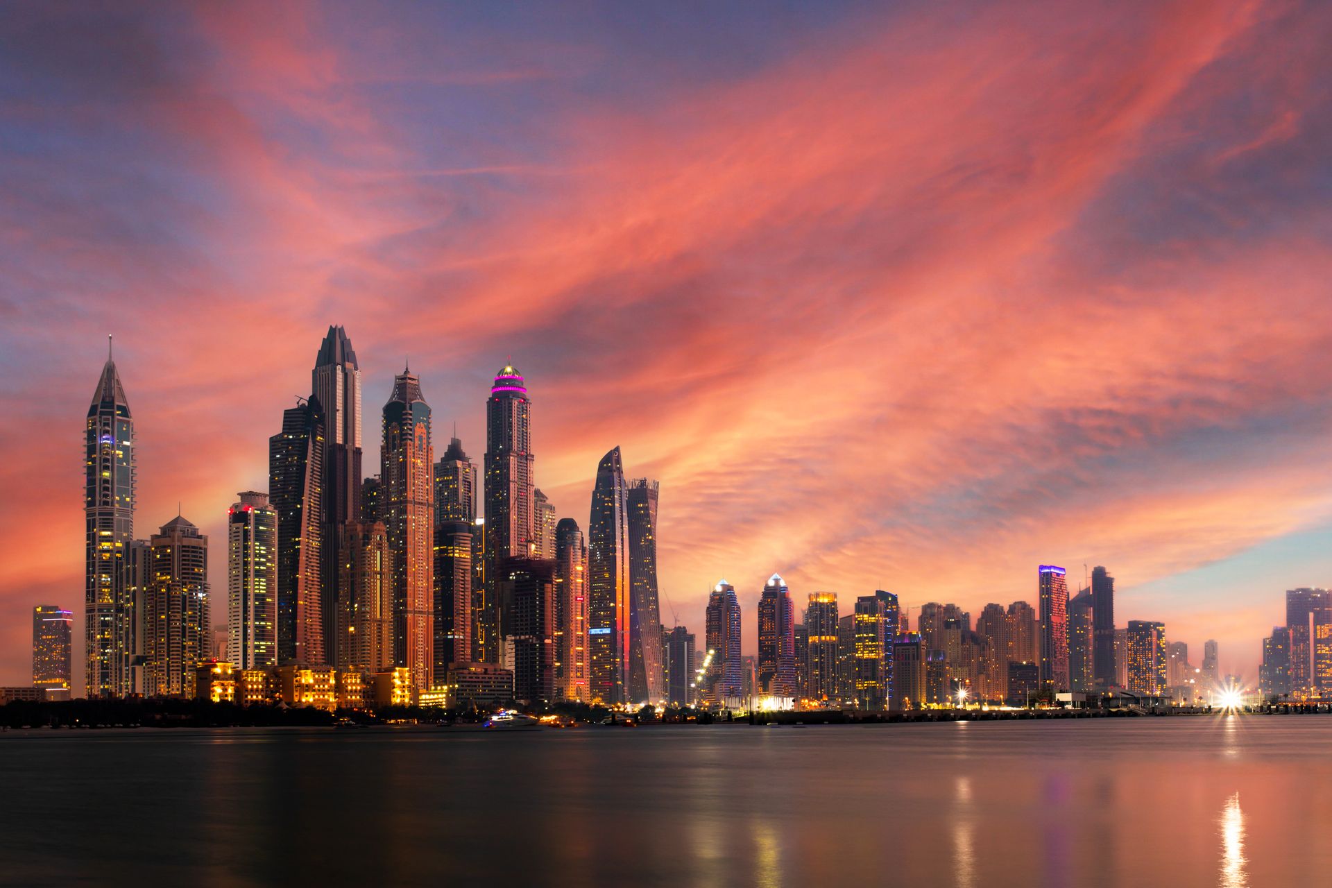 Dubai Marina residential towers at sunset