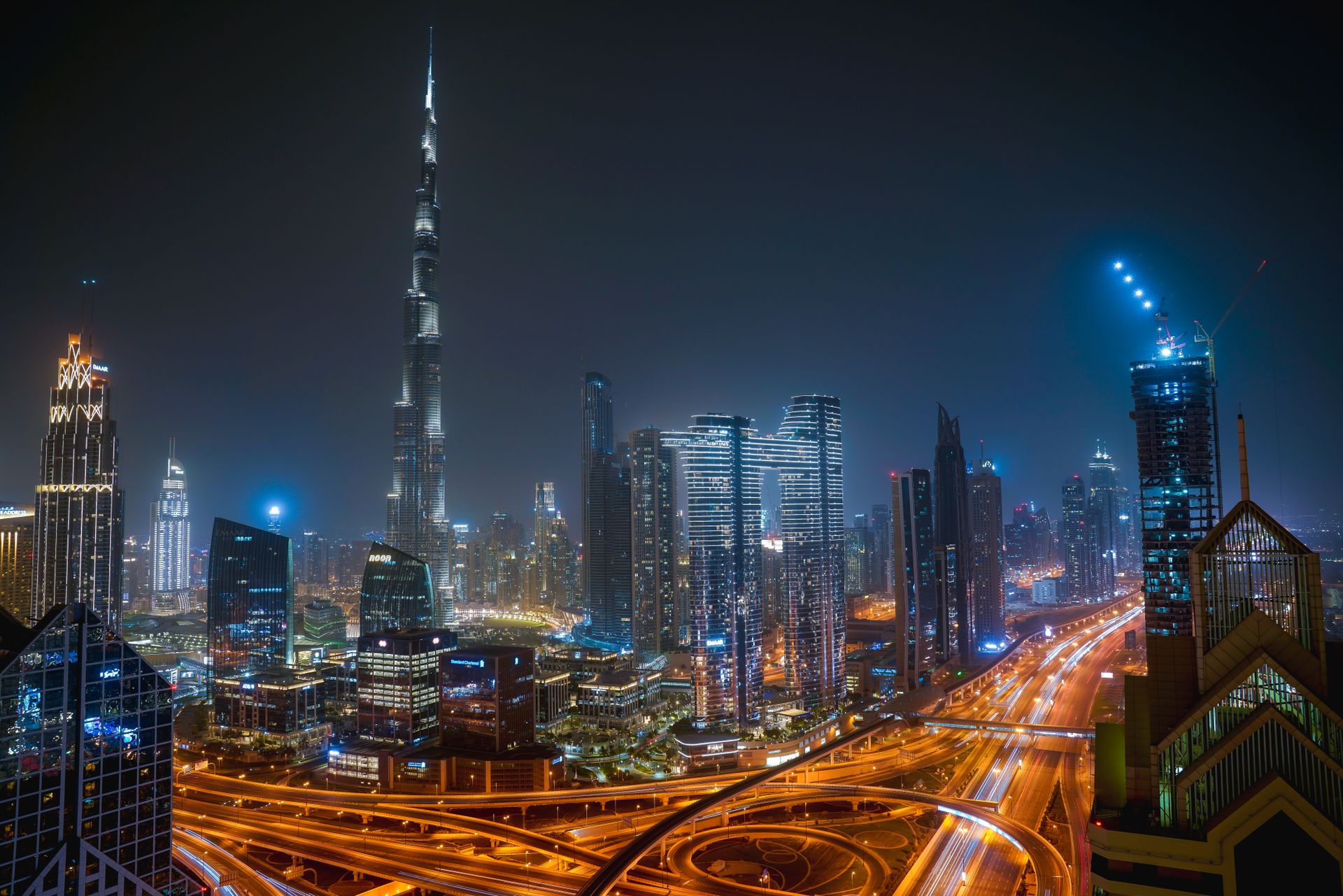 Downtown Dubai towers at night